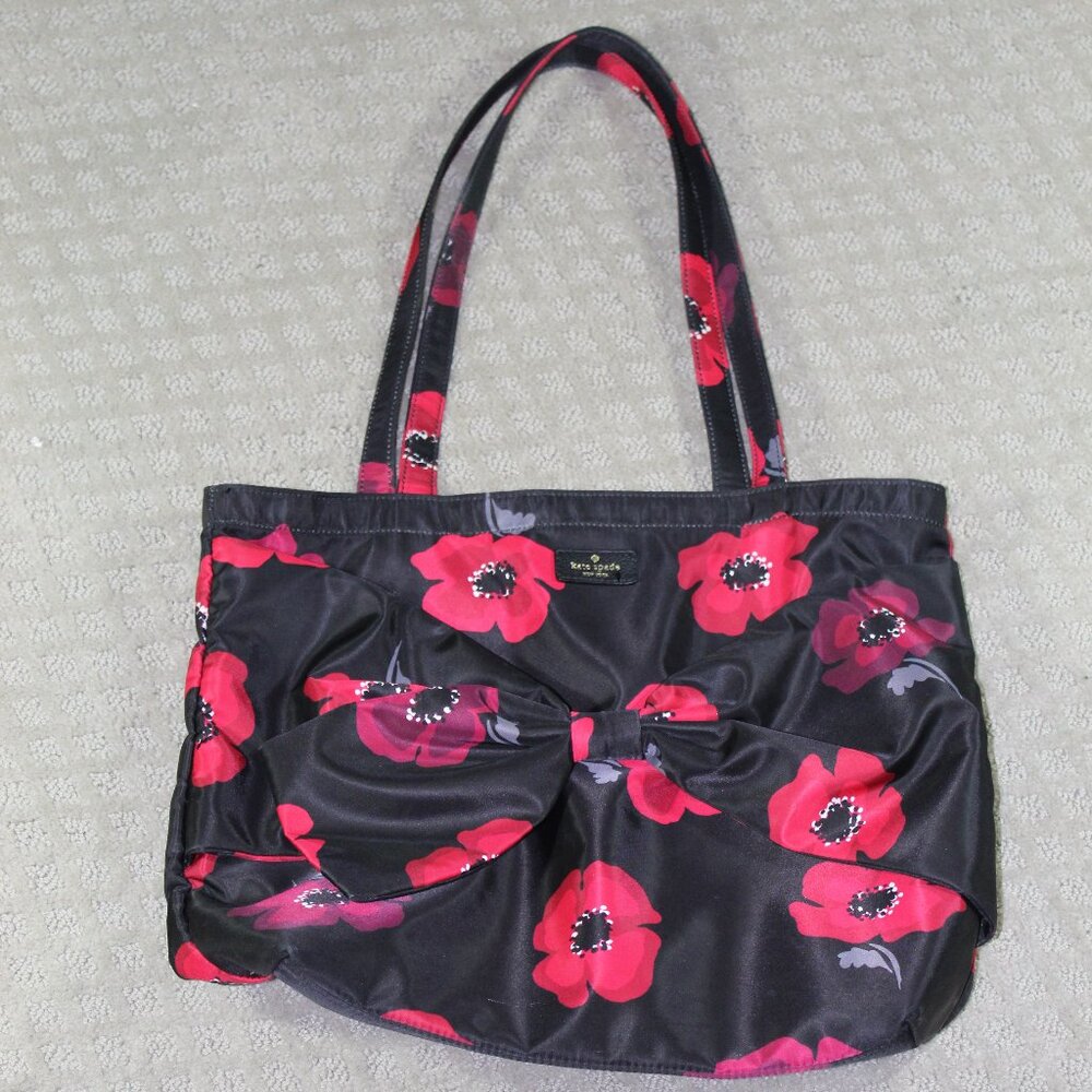 Kate Spade Red and Black 15x14x5 Poppy Bow Tote Bag EUC